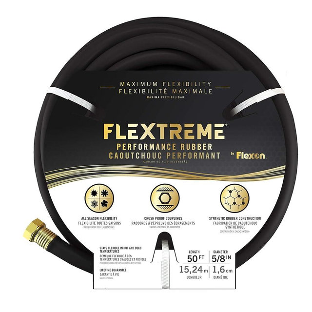 Flexon Flextreme 5/8" x 50ft Black Synthetic Performance Rubber Garden Hose – Lightweight, All-Weather Flexibility, Heavy-Duty, Kink-Resistant, Solid Brass Couplings, Watering Hose for Lawn & Garden