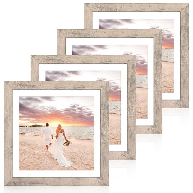 iRahmen 12x12 Picture Frame Set of 4 with Tempered Glass, Smoke Gray Frame Display 10x10 Picture with Mat or 12 x 12 Without Mat, Wood Square Photo Frames for Desktop Display and Wall Mounting