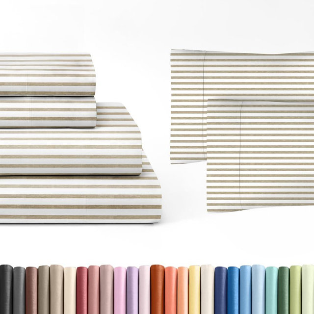 Beige Stripes 4-Piece Sheet Set & Pillowcase Bedding Bundle (Queen Size) - Bed Set Includes Complete Queen Sheet Set and 2 Queen Pillowcases - Hotel Luxury Cooling Sheets and Pillowcase Bedding Set
