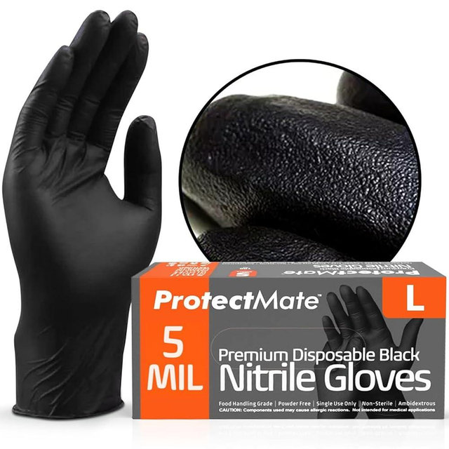 Protectmate 5 Mil Black Nitrile Gloves for Food Prep - Textured Food Prep Gloves - Food Handling Gloves Disposable Latex Free