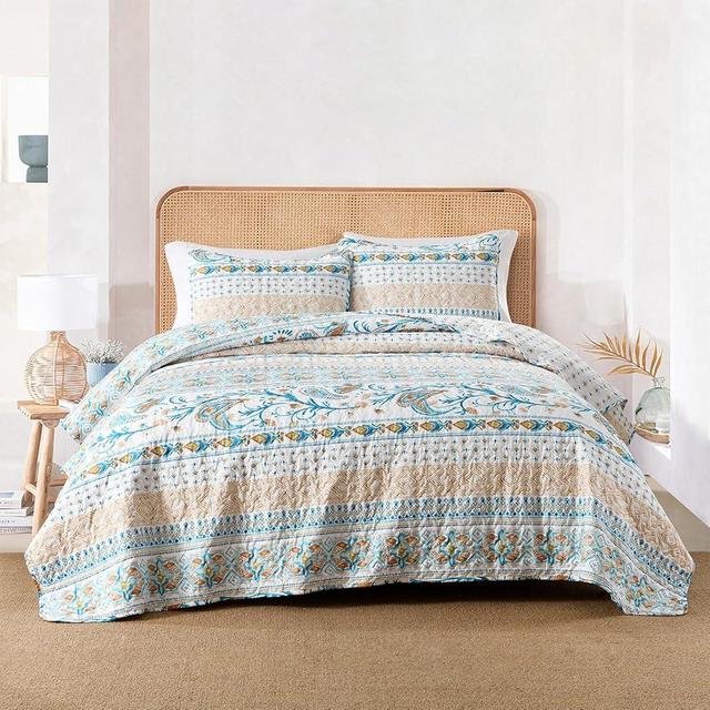 Boho Style Queen Quilt Set Reversible Bohemian Paisley Teal Quilt Beddding Set, Soft and Lightweight Bedspread for All Season, Full Size Bed Coverlet with 2 Matching Pillow Shams (3 Pieces)