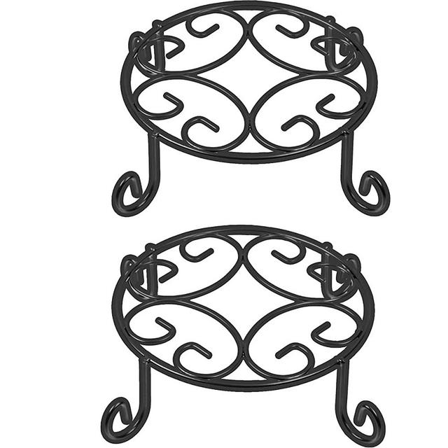 Amagabeli 2 Pack 10 inch Plant Potted Stands Metal Wrought Iron Rustproof Flower Pot Planter Holder Rack Outdoor Indoor Steel Short Small Supports Display Trivet Floor Art Saucer Decor Round Black