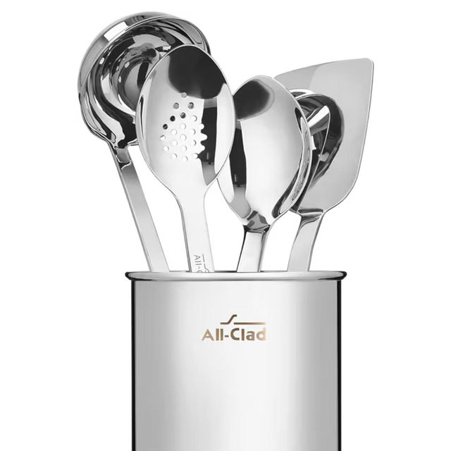 All-Clad 5-Piece Stainless Steel Kitchen Utensil Set – Includes Ladle, Solid Spoon, Slotted Spoon, Turner & Storage Caddy – Heavy-Gauge, Ergonomic, Dishwasher Safe, Silver