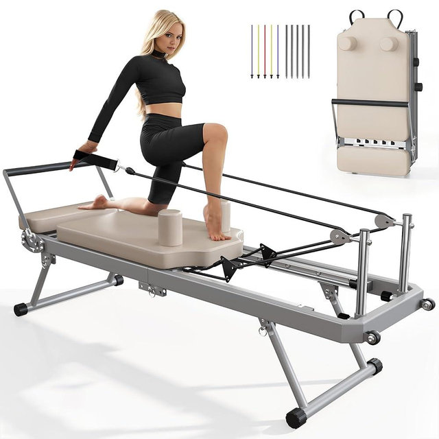 SogesPower Pilates Reformer Machine for Home Gym Workout, Foldable Pilates Equipment with High Strength Alloy Springs for Beginners, Up to 400lbs