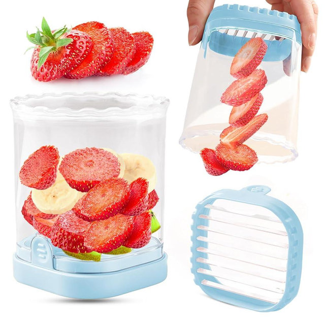 Fruit Slicer Cup | Strawberry Slicer | Banana Slicer | Grape Cutter | Egg Slicers | Detachable Fruit Cutter Slicer with Push Plate | Creative Strawberry Slicer Kitchen Gadget (Light Blue)