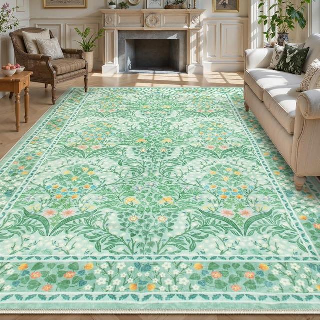 Lahome Floral Washable Rugs 8x10, Soft 8x10 Area Rugs for Living Room Bedroom, Boho Non-Slip Green Forest Design Large Throw Carpet for Farmhouse Dining Room Office, Sage Green