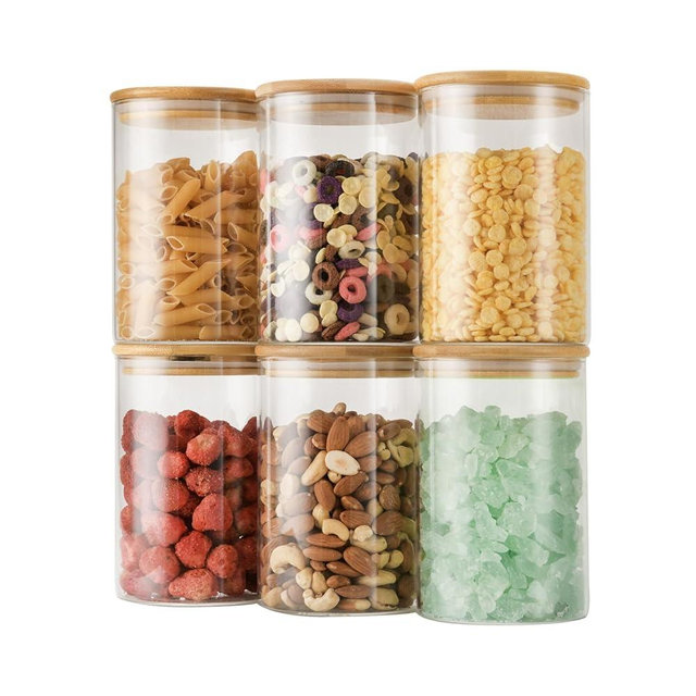 D2scrma 32oz Straight Cylindrical Airtight Storage Containers with Bamboo Lids Set of 6, Round Stackable Canisters, Food Jars, Pantry Organizers for Sugar, Cookies and Coffee beans (with Black Lable)