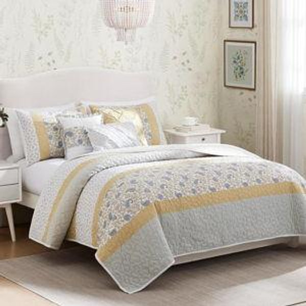 Madison Park 100% Cotton Quilt Set Floral Print, Double Sided Stitching, All Season, Lightweight Coverlet Shabby Chic Bedding Layer, Matching Shams, King/Cal King, Yellow 6 Piece