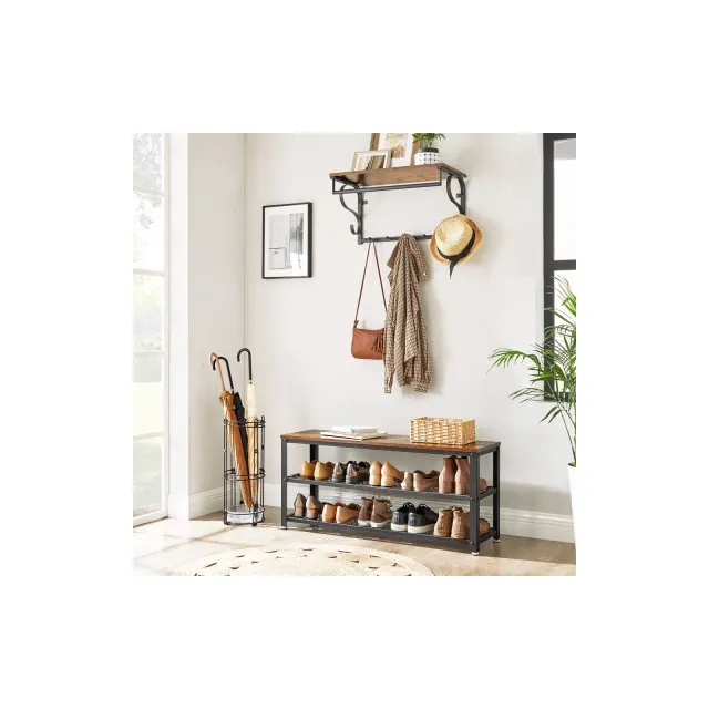 VASAGLE 3-Tier Shoe Bench - Shoe Rack with Metal Mesh Shelves and Seat, Free Standing Shoe Organizer for Entryway, Rustic Brown and Black