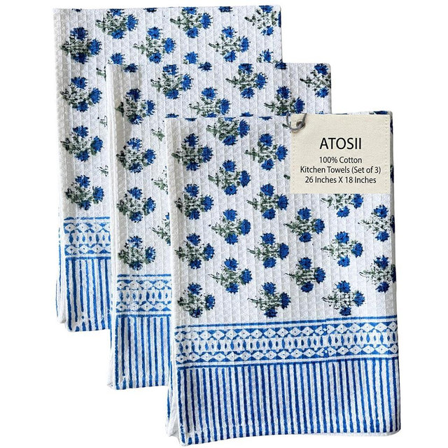 ATOSII 100% Cotton Hand Block Print Waffle Kitchen Towel, Set of 3, 18 x 26 Inches Ultra Absorbent Quick Dry Dish Towels, Reusable Sustainable Tea Towels for Cleaning and Drying, Gulbahar Blue