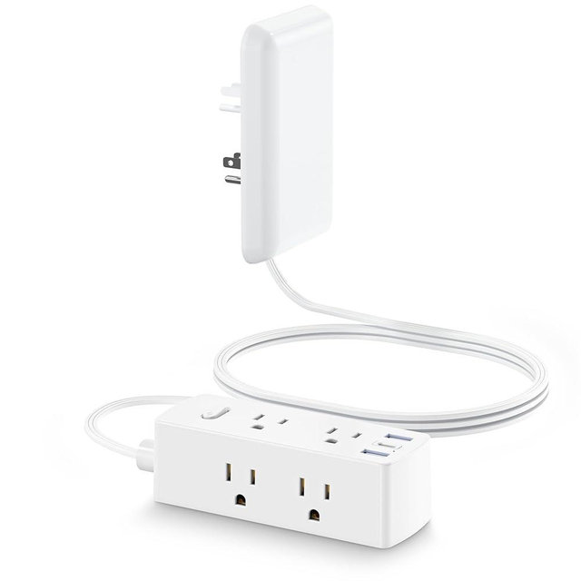 Olcorife Flat Extension Cord with Outlet Cover, Flat Plug Power Strip with 6 Outlets and 3 USB Ports, 2000 Joules Surge Protector, 3 FT Cord Hidden Outlet Extender for Tight Spaces