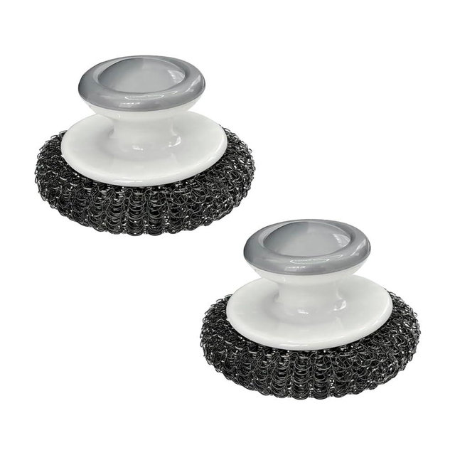 2Pcs Stainless Steel Scrubber Dish Scrub Brush with Handle ，Multipurpose Kitchen Cast Iron Scrubber for Pots, Grills, Ovens & Other Tough Cleaning Jobs (metal Steel Style)