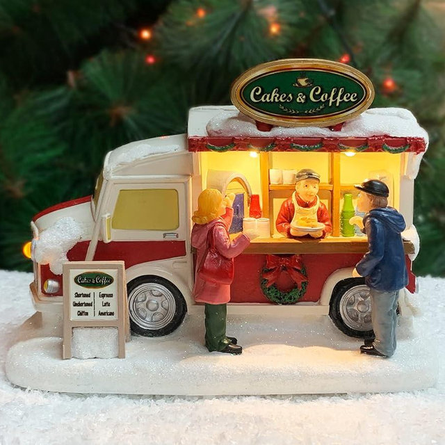 MOMENTS IN TIME Christmas Village Cakes and Coffee Food Truck Lighted LED Street Vendor Scene Battery Operated Holiday Tabletop Décor Hand-Painted Polyresin Collectible Gift Ready Tabletop Display