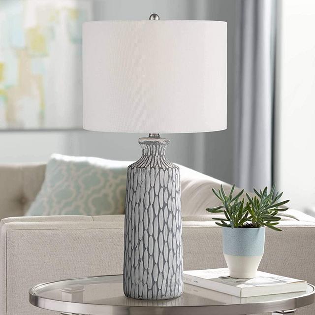 Patrick Modern Contemporary Style Table Lamp Geometric 26.25" High Gray White Wash Ceramic Drum Fabric Shade Decor for Living Room Bedroom House Bedside Nightstand Home Office - 360 Lighting