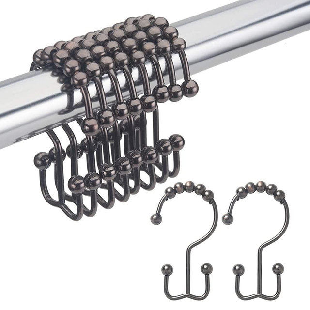 Amazer Shower Curtain Hooks Rings, Rust-Resistant Metal Double Glide Shower Hooks for Bathroom Shower Rods Curtains, Set of 12 Bronze Rings