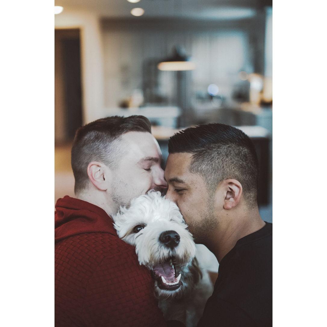 A month after we got engaged, Duke flew-in from Arkansas! 1 goldendoodle + Brad + Jon = 3 doods.