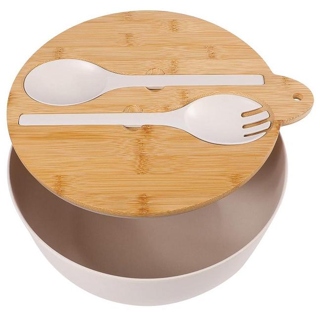 ECOWAY Bamboo Fiber Salad Bowl with Lid and Servers, Large Salad Serving Bowl Set with Utensils, Salad Mixing Bowls with Natural Bamboo Lid with Handle and Silicone Seal Ring (White, 9.8inches)
