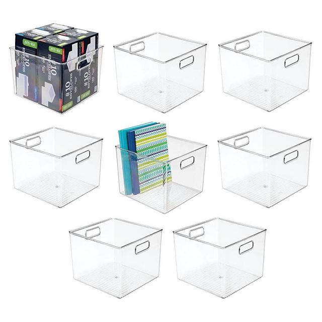 mDesign Small Modern Stackable Plastic Storage Organizer Bin Basket with Handle for Home Office Organization - Shelf, Cubby, Cabinet, and Closet Organizing Decor - Ligne Collection - 8 Pack - Clear