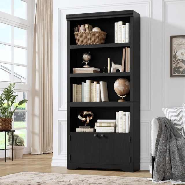 69'' Tall 5-Tier Farmhouse Bookcase with 2 Doors & Adjustable Shelves, 31.5'' W Open Display Bookshelf with Anti-Slip Design for Living Room, Black