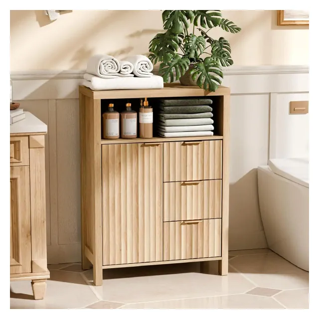 VINGLI Fluted Bathroom Floor Storage Cabinet with Fluted Door 3 Drawers,Modern Short Bathroom Storage Cabinet, Natural Oak Color