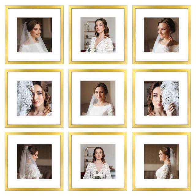 BSRHOME 12x12 Picture Frame Set of 9, Display Pictures 8x8 with Mat or 12x12 without Mat, Multi Collage Gallery Square Photo Frames for Wall or Tabletop, Gold