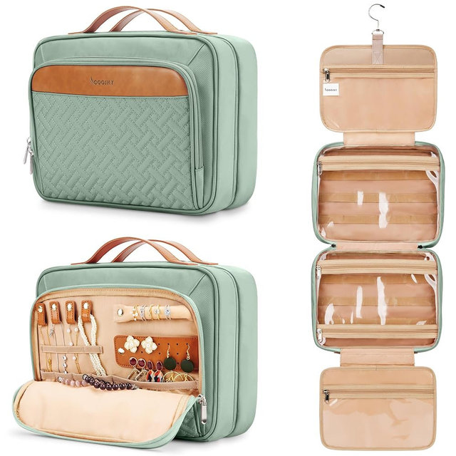 COOSKY Travel Hanging Toiletry Bag for Women, Cruise Ship Essentials, with Jewelry Organizer, Extra Large Makeup Dopp Kit, Waterproof Cosmetic Bags, Toiletries Kit Set with Trolley Belt, Green