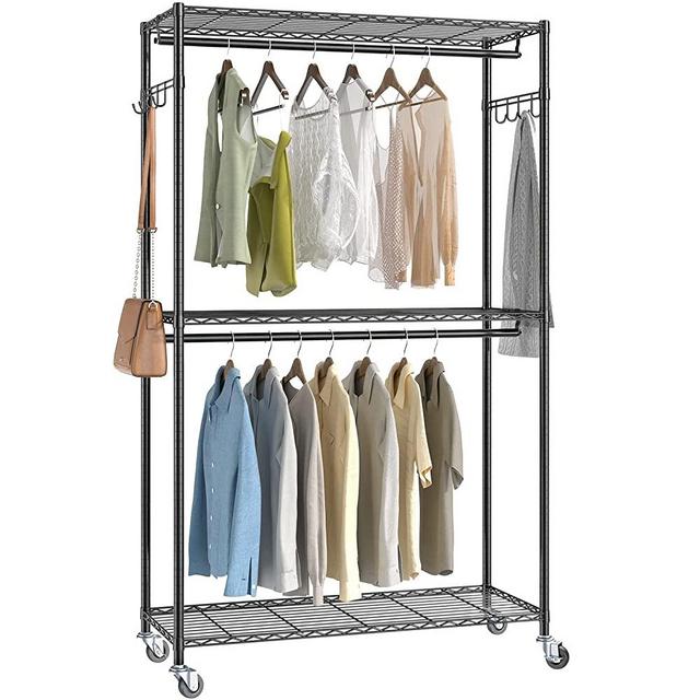 VIPEK V12 Heavy Duty Rolling Garment Rack 3 Tiers Adjustable Wire Shelving Clothes Rack with Double Rods and Lockable Wheels, Side Hooks, Freestanding Wardrobe Storage Rack Metal Clothing Rack, Black