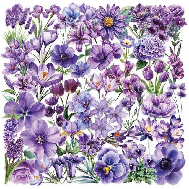 50pcs Purple Flower Transparent Stickers for Scrapbooking – Aesthetic Watercolor Floral Sticker Pack Scrapbooking Stickers Supplies Journal Stuffers for Adult Card Making Letters DIY (Violet)