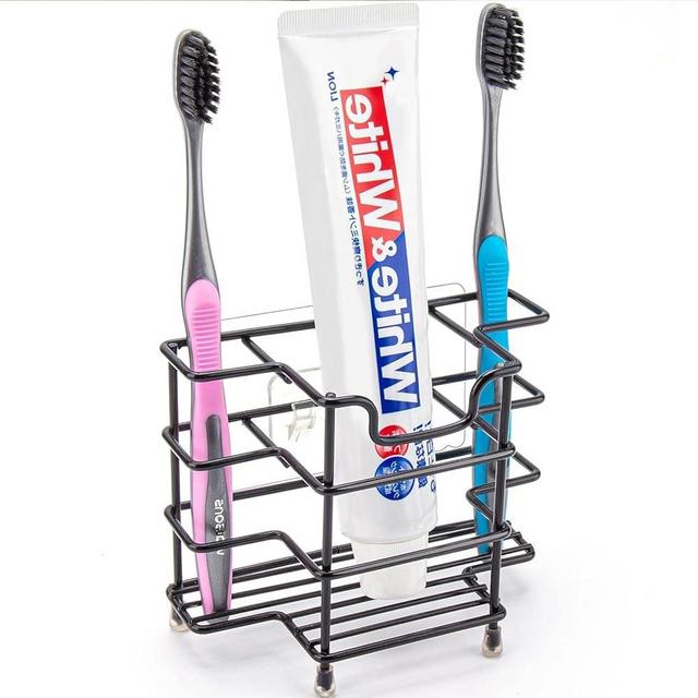Stainless Steel Toothbrush and Toothpaste Holder for Bathroom - 3-Slot Organizer with Modern Black Design, Space-Saving and Hygienic Bathroom Storage for Countertop or Shower (Medium)