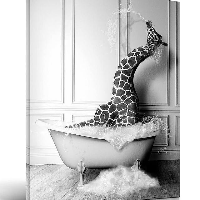 iHery Funny Bathroom Wall Art Decor, Waterproof 12x16in Black and White Quality Canvas Wall Art Pictures, Wood Framed Funny Giraffe Bathing Animals Abstract Prints for Bedroom Kids Room 1 Pack
