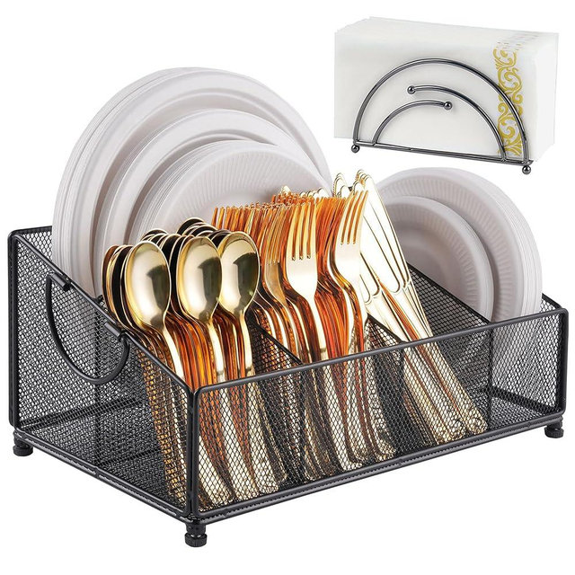 Cairondin Paper Plate Dispenser with Silverware Caddy, Metal Paper Plate Organizer and Napkin Holder for Countertop Party Picnic Camping, Disposable Plate Cutlery Caddy Utensil Holder, Black