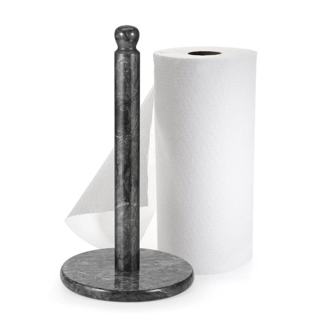 Flexzion Marble Paper Towel Holder 12 inch (Black) - Kitchen Countertop Paper Towel Holder Stand Rack with Roll Dispenser Pole and Weighted Marble Base for Tables Home Dining Bathroom Storage