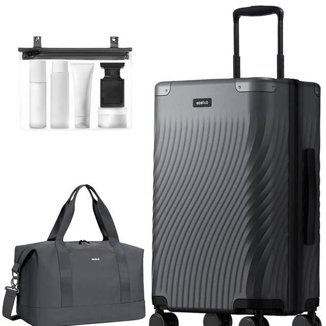 ECOHUB Hardside Expandable Carry On Luggage, Recycled PC 24" Rolling Luggage 26x16x11 Airline Approved with Spinner Wheels & TSA Lock, Lightweight Hardshell Travel Suitcase, 24inch Carry-on Grey