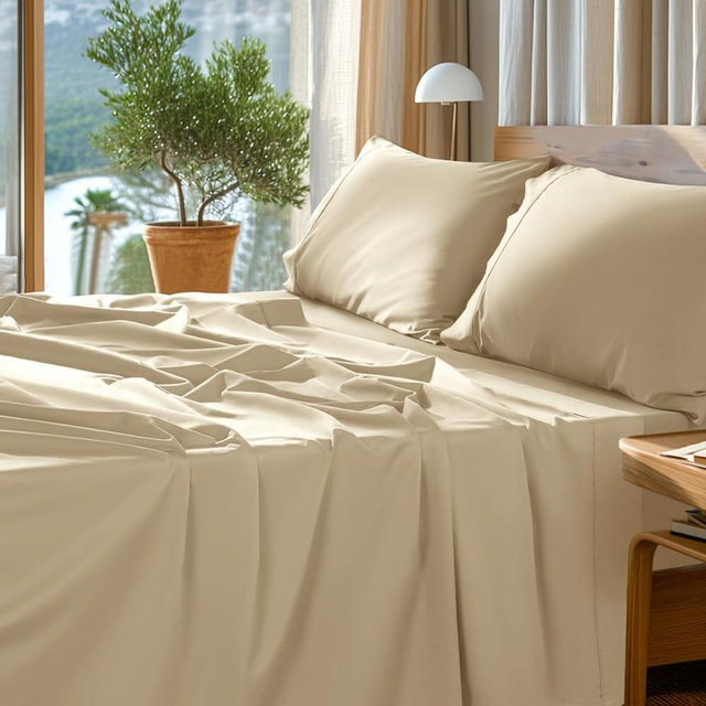 SONORO KATE 100% Egyptian Cotton Sheets Set - 1000 High Thread Count, Luxury 5-Star Hotel Sateen Bed Sheets, Soft, Breathable Long Staple Sheets, Fit up to 16" - 4 PC (Beige,King)