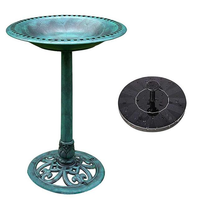 VIVOHOME Polyresin Antique Outdoor Green Garden Bird Bath and Solar Powered Round Pond Fountain Combo Set