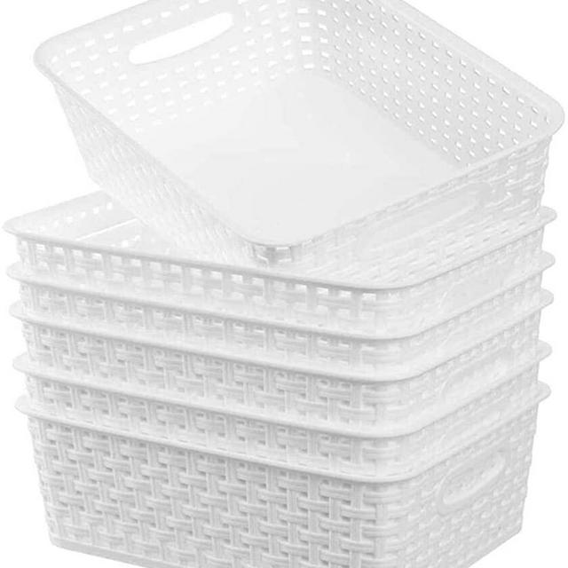 Woven Plastic Storage Basket, 6 Pack White Weave Bins Organizer for Home Kitchen Desktop Storage