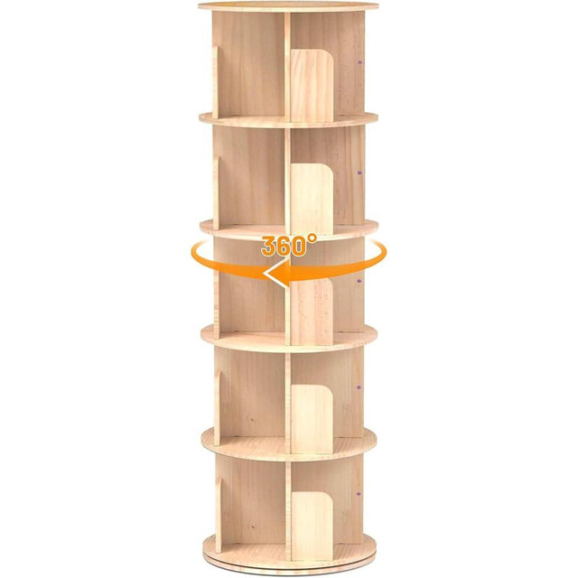 Cuguords Rotating Bookshelf Tower,Corner Bookshelf for Small Space, 360 Display 5-Tier Wood Bookcase Storage Rack, Kids&Adults Spinning Book Shelf,Revolving Bookcase for Bedroom, Living Room