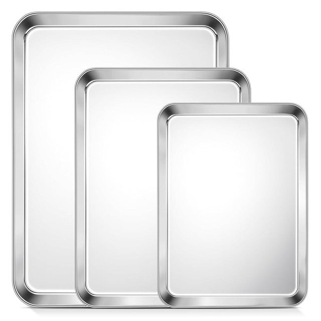 TeamFar Baking Sheet Set of 3, 16/12.5/10.5 Inch Stainless Steel Cookie Sheets Baking Pans, Metal Oven Baking Tray for Cooking Roasting Serving, Non-Toxic & Mirror Finish & Dishwasher Safe