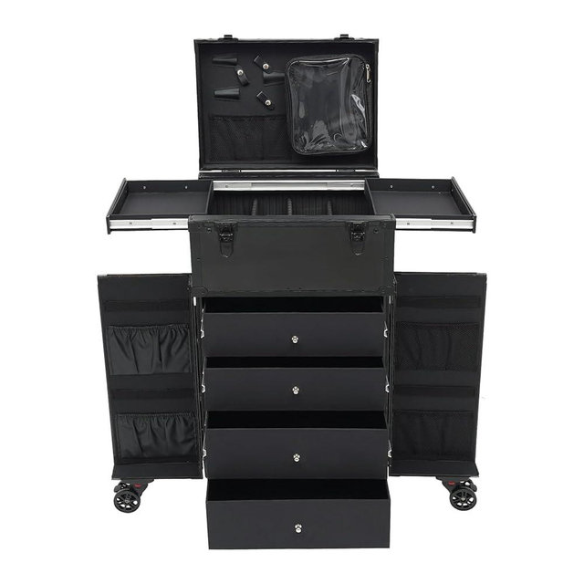 Ginelm Professional Rolling Makeup Case 4 Drawers Pro Artist Cosmetic Train Cases Hairstylist Travel Case with Multiple Compartments & Hair Dryer Holder