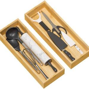 17 inch Kitchen Drawer Organizer Tray, Stackable Bamboo Deep Drawer Organizer for Large Silverware, Utensils, Cutlery, Flatware,Junk Drawer, Dresser, Bathroom, 17" x 6" x 2.5" (Set of 2)