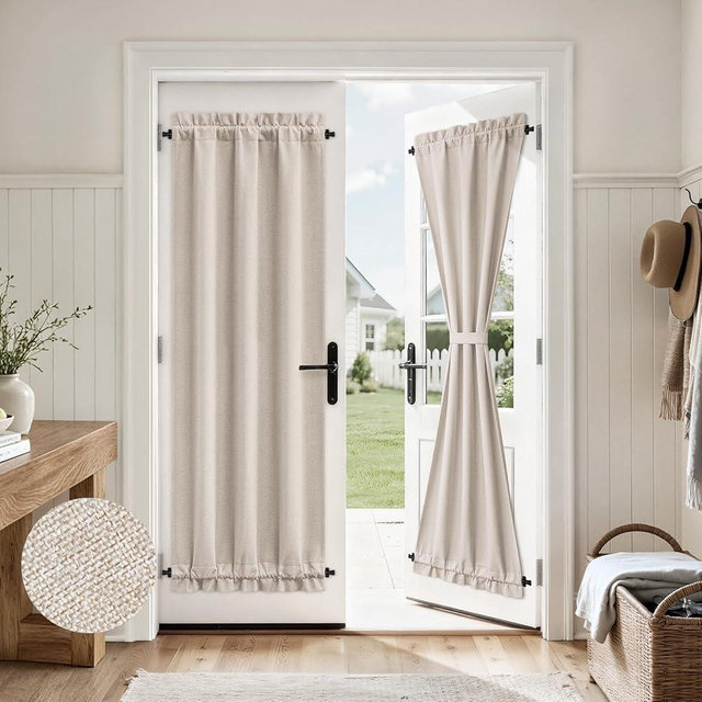 HOMEIDEAS 100% Blackout Linen French Door Curtain, Modern Farmhouse Door Window Curtains Decor, Privacy Insulated Blinds with Tie Up for Front, Glass Window, Natural Beige, 26W X 72L Inch，1 Panel