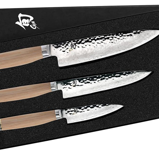 Shun Cutlery Premier Blonde 3 Piece Starter Knife Set, Kitchen Knife Set, Includes 8 Inch Chef's Knife, 4 Inch Paring Knife, and 6.5 Inch Utility Knife, Handmade Japanese Kitchen Knives