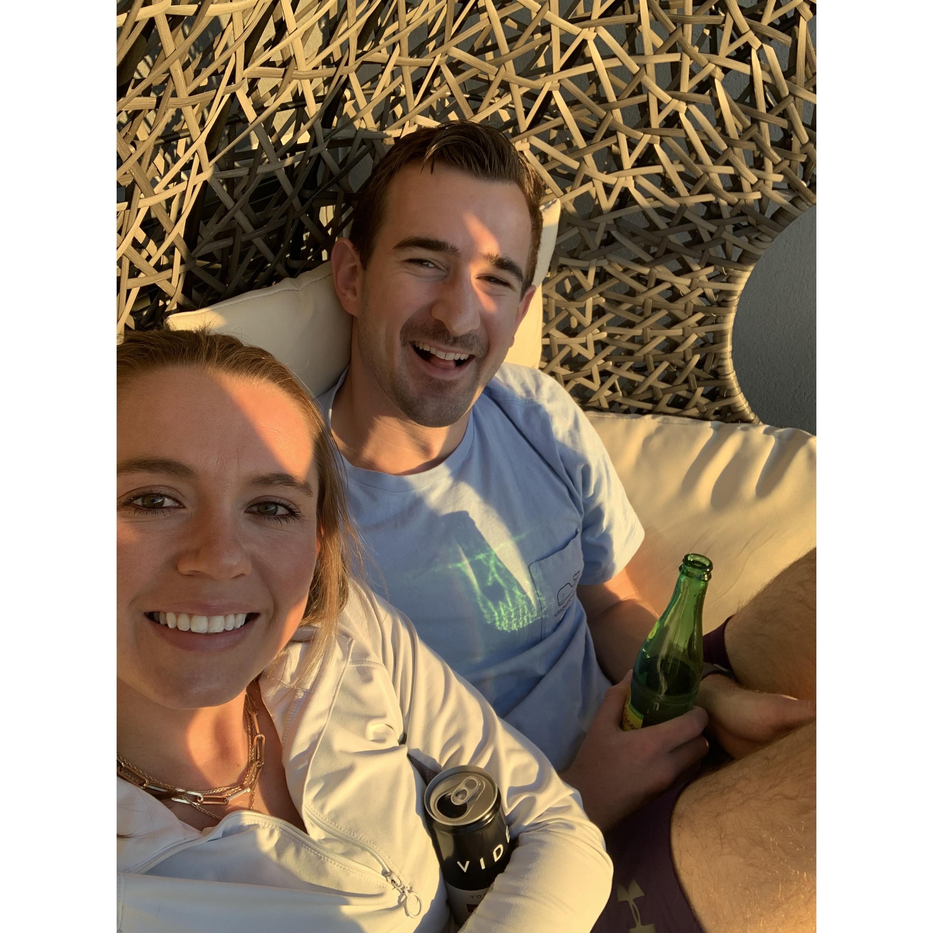 Sitting on our balcony, enjoying our new home in CT!