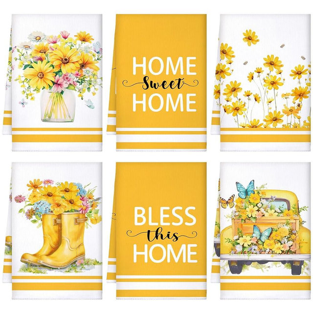 Boyiee Set of 6 Yellow Flower Kitchen Towels Decorative Floral Tea Towels Absorbent Home Dish Towels 24 x 16 Inch Truck Reusable Hand Towel Housewarming Gift for Farmhouse Kitchen Bathroom Decoration