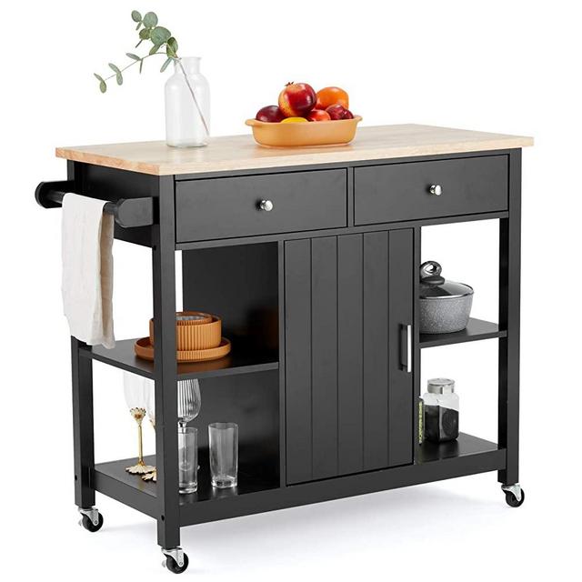 MELLCOM Rolling Kitchen Island Cart with Large Drawers, Towel Rack, Compartment Cabinets, Open Storage Shelves, Kitchen Island with Rubber Wood Top, Pine Legs, Lockable Wheels Black