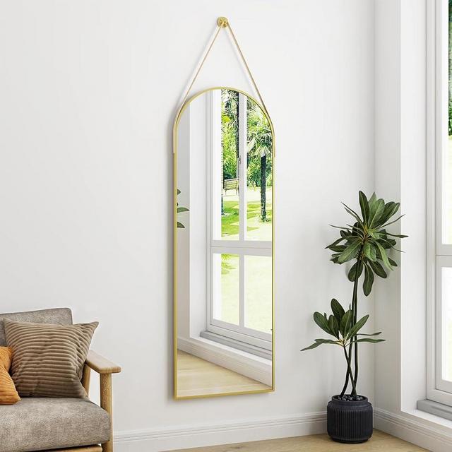 XRAMFY 16"x48" Gold Arched Full Length Mirror with Hanging Leather Cord Modern Aluminum Frame Full Body Hanging Mirror for Bathroom Vanity Living Room Bedroom Entrance