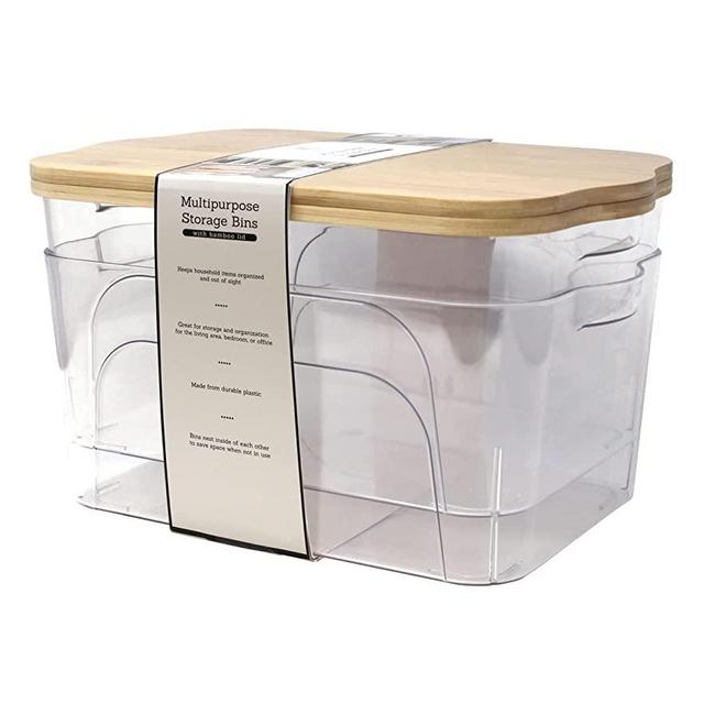 Storage Bin with Bamboo Lid, Decorative Stackable Basket Table Bookcase Kitchen Office Organizing, Multipurpose Basket Organizer Bin (2PC SMALL, CLEAR)