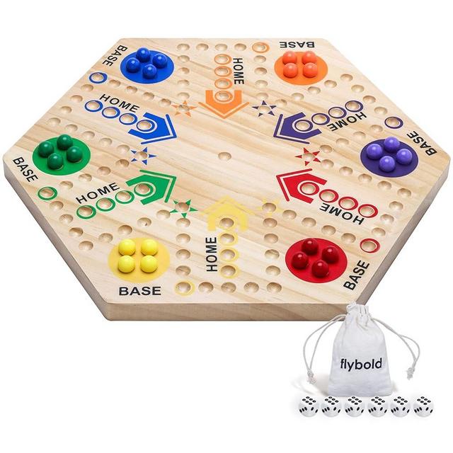 flybold Marble Board Game - Original Board Game - Double Sided Painted 6 and 4 Player Wooden Fast Track Board Game Original with 6 Colors 24 Marbles 6 Dice and Velvet Draw Bag