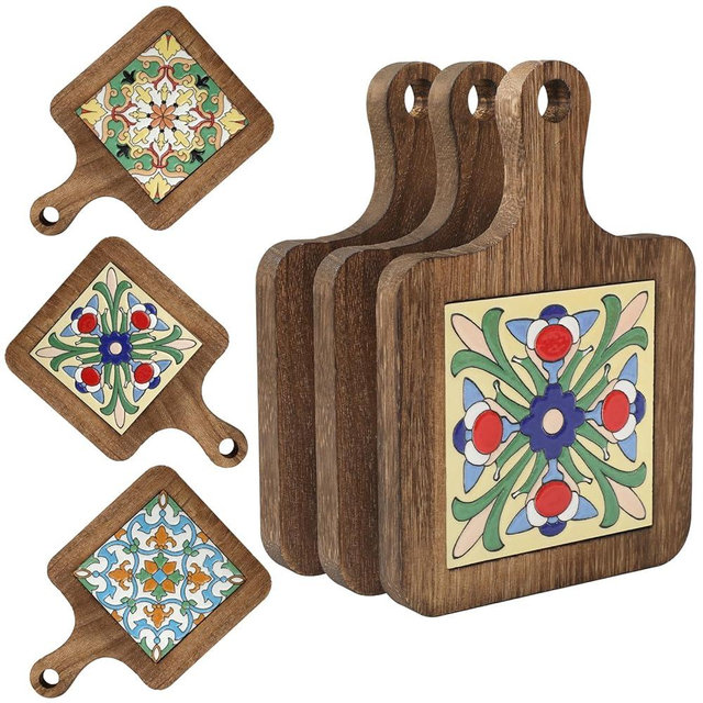 FYSUIMU 3Pcs Mexican Floral Wooden Trivet with Handle Hot Pot Holder Pads Vintage Flower Tile Heat Resistant Place Mats for Hot Dishes Pans Home Kitchen Table Countertop Decor