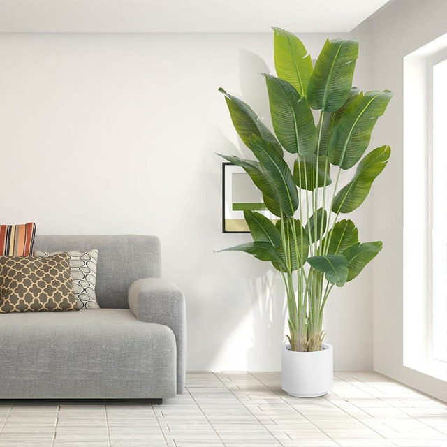 ZEEOZE Artificial Bird of Paradise Plant 7.5Ft Tall Fake Tropical Palm Tree Large Fake Plants with 18 Silk Banana Leaves Faux Plant Indoor Decor Trees White Pot for Home Bedroom Living Room Office